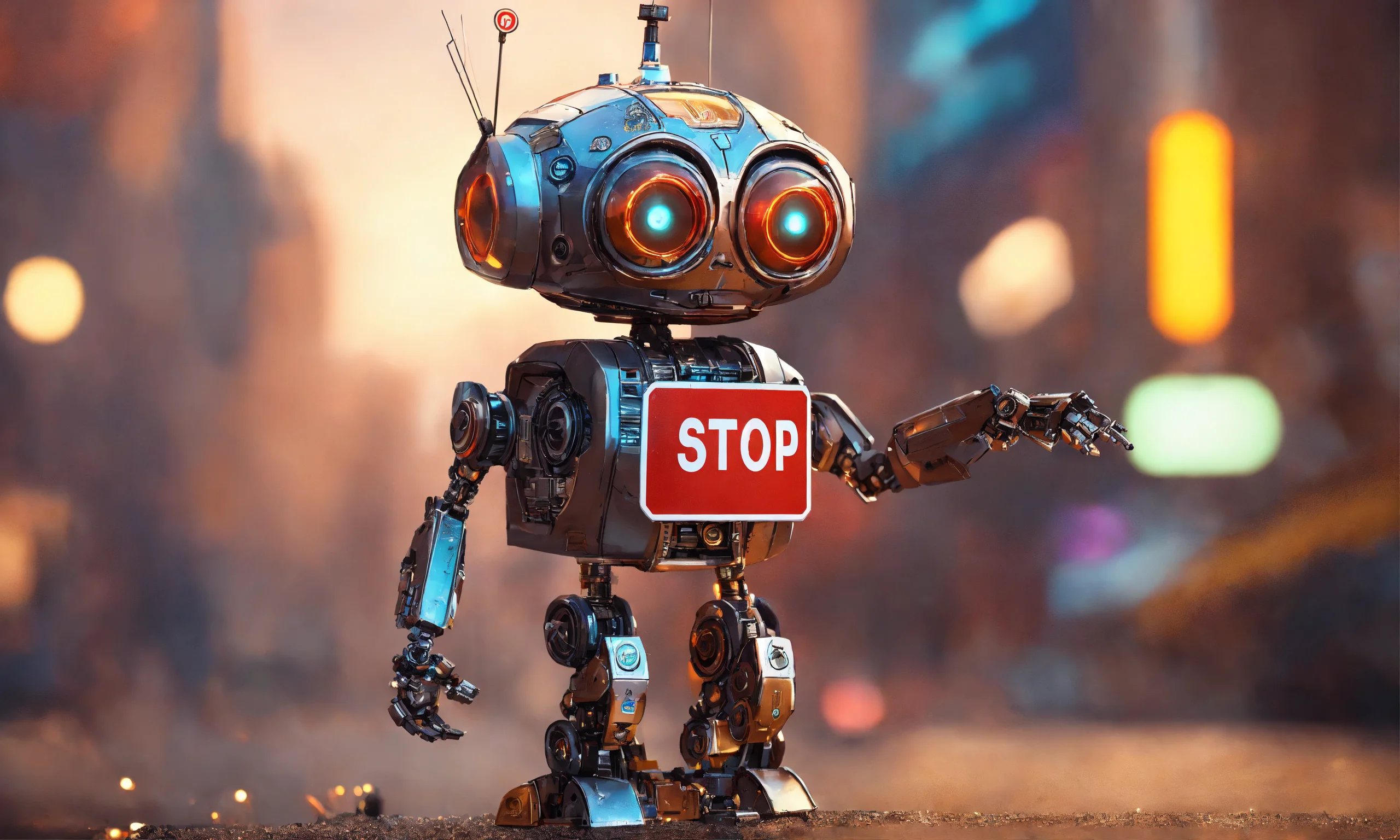 A tiny robot with a stop sign